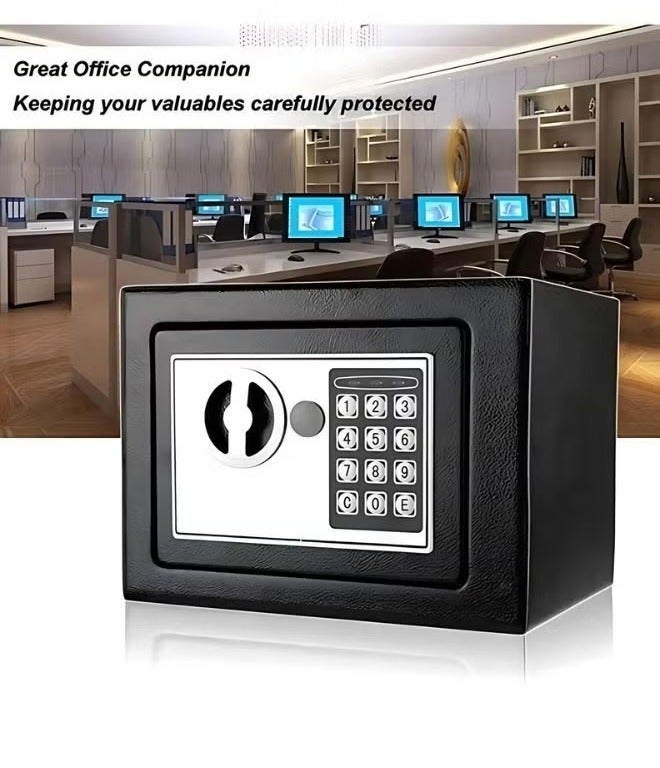 خزنة رقمية إلكترنية, خزنة إلكترونية مدمجة مع نظام قفل مزدوج - تخزين آمن للأموال والمجوهرات والمستندات والاشياء الثمينة - صندوق أمان مقاوم للحريق ـ للمنزل أو المكتب أو الفندق 27X22x23  سم, أسود/فضي - Image 1